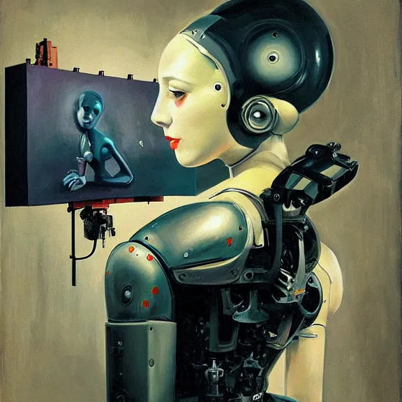 Prompt: robot artist painting a self - portrait on a canvas. intricate, highly detailed, photorealistic, film still, by alexandros pyromallis, gil elvgren, sachin teng.