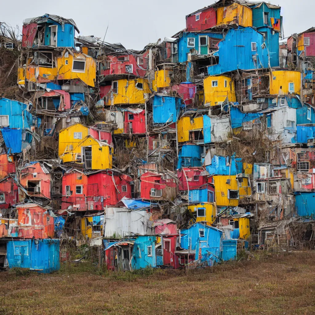 Image similar to a tower made up of colourful makeshift squatter shacks, dystopia, sony a 7 r 3, f 1 1, fully frontal view, photographed by jeanette hagglund