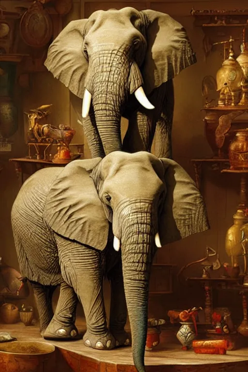 Image similar to one elephant in a porcelain shop, cgsociety, oil painting by justin gerard