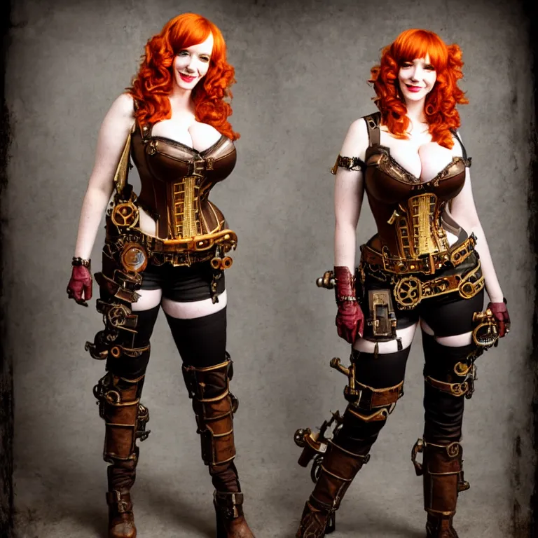 Image similar to full body photograph of christina hendricks as a steampunk warrior. extremely detailed. dslr. 8 5 mm.