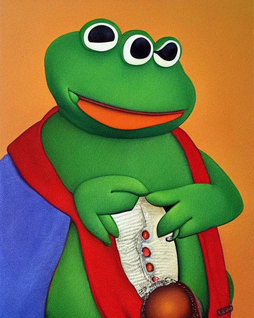 Prompt: a fernando botero painting of kermit the frog