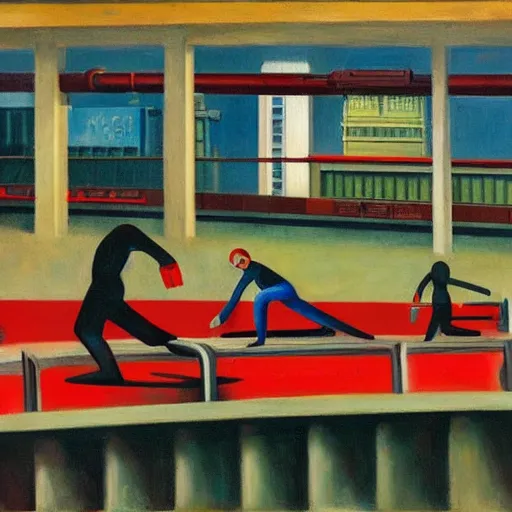 Image similar to powerless humans on a conveyor belt, guarded by fascist robot overlords, brutalist industrial processing facility, dystopian, pj crook, edward hopper, oil on canvas