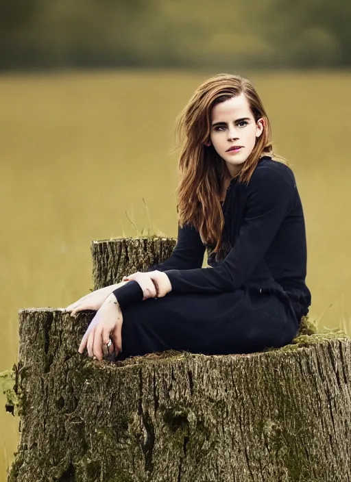 Prompt: portrait of emma watson sitting on a tree stump in a field