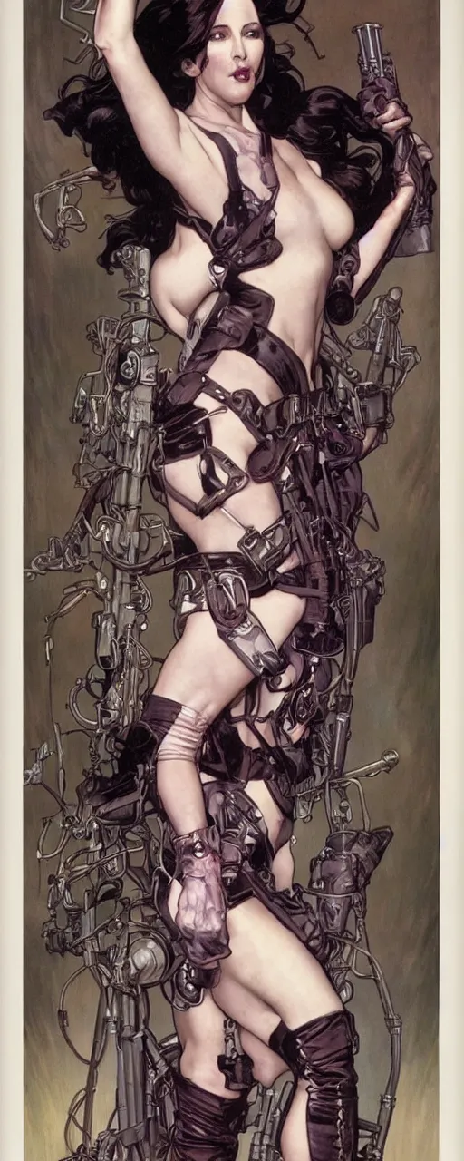 Prompt: striking sensual industrial art nouveau style portrait of psylocke as an extreme metal soldier by glenn fabry, simon bisley and alphonse mucha, photorealism, extremely hyperdetailed, perfect symmetrical facial features, perfect anatomy, ornate declotage, spikes, latex, excited expression, wild eyes