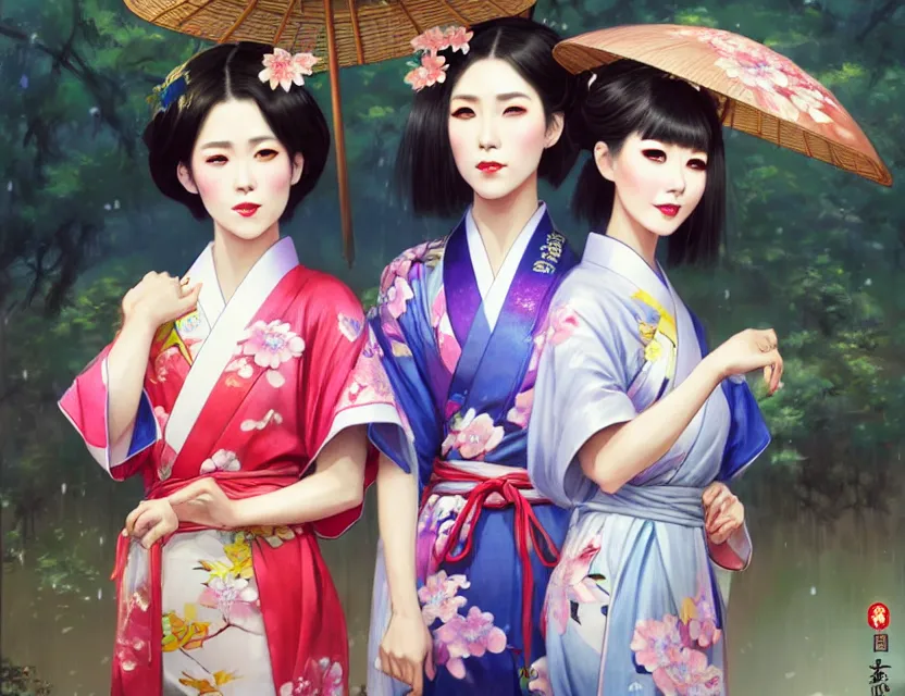 Prompt: two beautiful fashion taiwan girls wear fantasy yukata in festival | | big eyes, sunny, dreamlike art, realistic shaded, smile, good looking, fine details, 4 k realistic, cryengine, realistic shaded lighting poster by greg rutkowski, magali villeneuve, artgerm, jeremy lipkin and michael garmash and rob rey