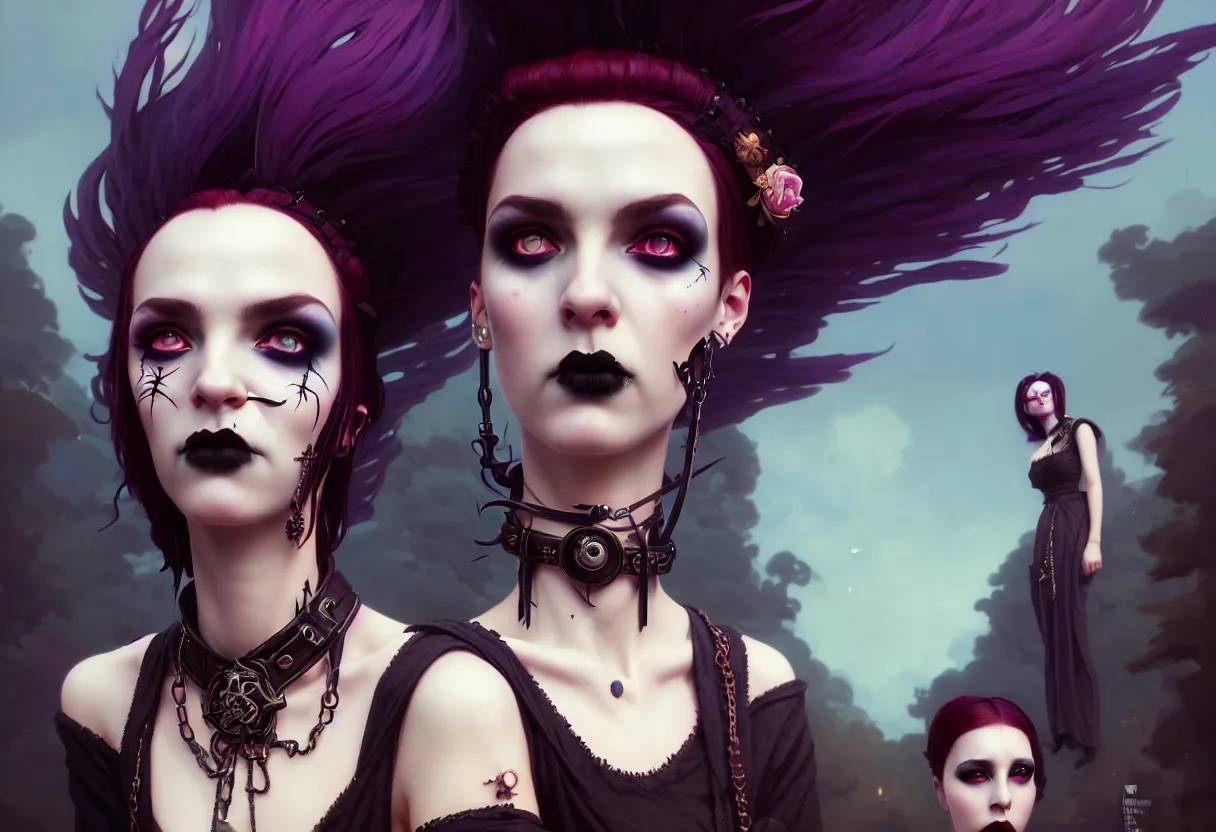 Image similar to beautiful portrait, goth girl, piercings collar, mohawk hairstyle, medieval dress. witch, makeup. unreal engine, greg rutkowski, loish, rhads, beeple, tom bagshaw, alphonse mucha, global illumination, detailed and intricate environment