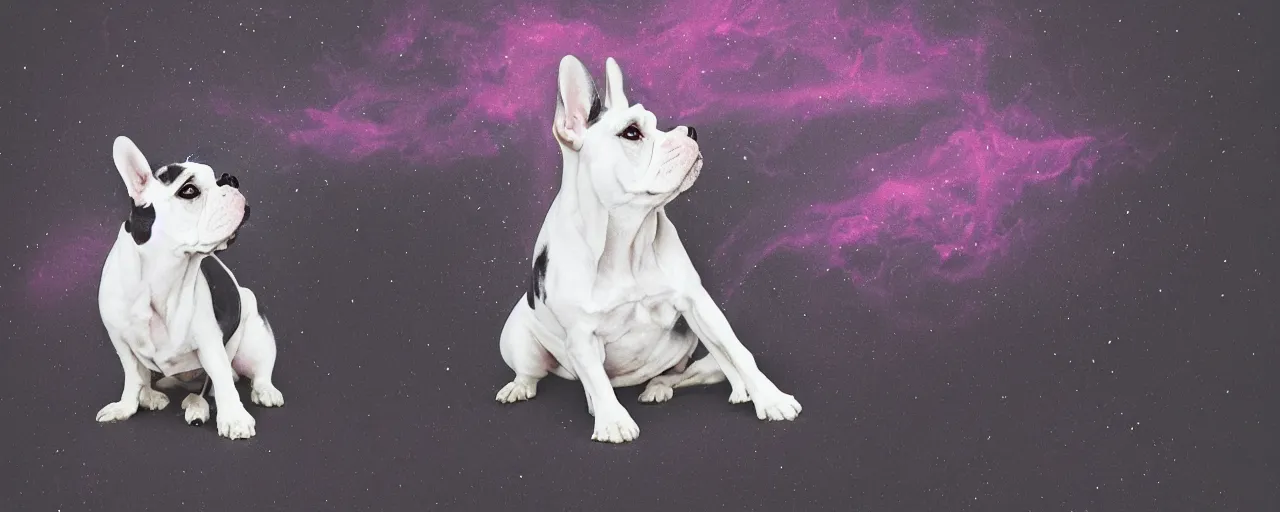 Image similar to editorial illustration by Karolis Strautniekas and Mads Berg synthwave, full body portrait of a white french bulldog with black spots, colorful, fine texture,detailed, muted colors,film noir, dramatic lighting, dynamic composition,moody, vivid, matte print,(((space nebula background)))