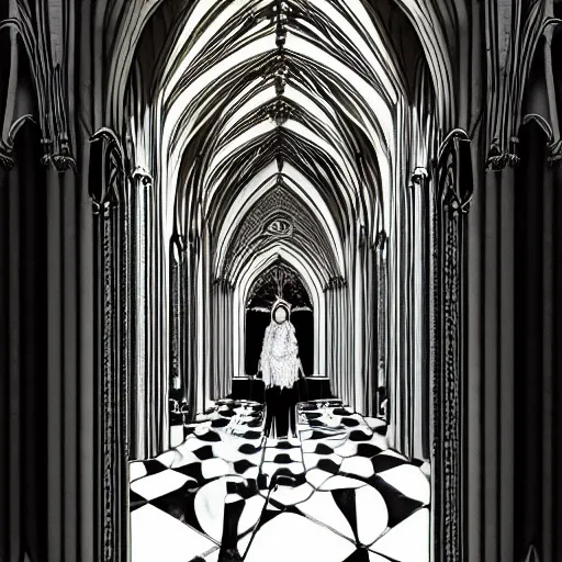 Image similar to a white marble gothic cathedral with mandala windows, a gothic girl dressed in black