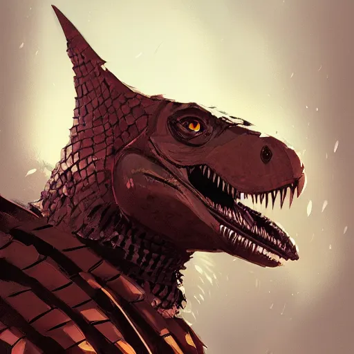 Image similar to portrait of an antropomorphic raptor knight, reptile face, wearing chainmail armor, angry look, ready for battle, mattepainting concept blizzard pixar maya engine on cold night stylized background splash comics global illumination lighting artstation lois van baarle, ilya kuvshinov, rossdraws