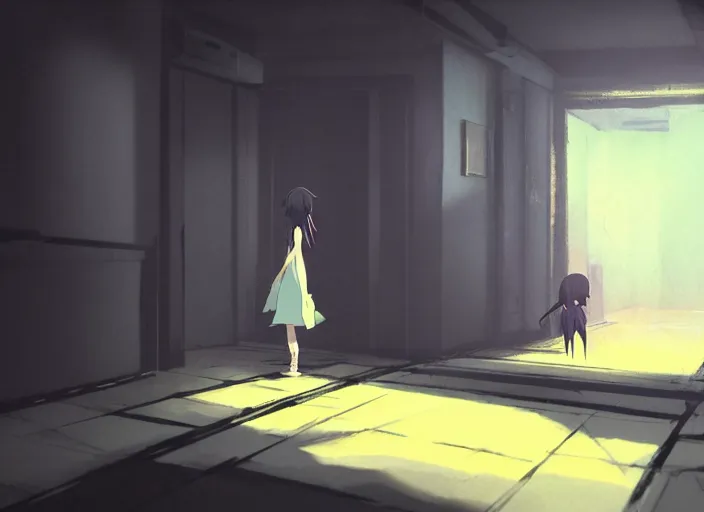 Prompt: a tall matte black creature running after a man the backrooms, yellow wallpaper, florecent lights on the ceiling, wet carpet, liminal space, by makoto shinkai an krenz cushart