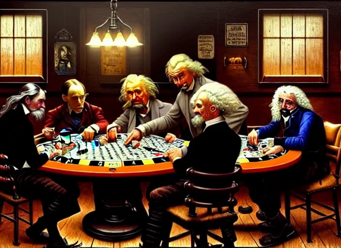 Image similar to isaac newton and stephen hawkins and albert einstein playing poker in an old west saloon, intricate, highly detailed, centered, digital painting, artstation, concept art, smooth, sharp focus, illustration, art by james gurney and norman rockwell and greg rutkowski