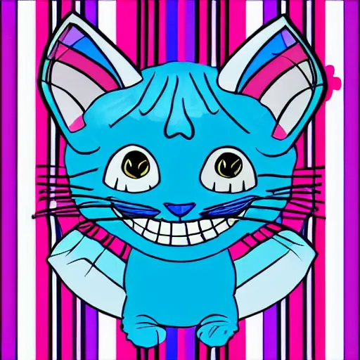 Prompt: cute blue striped cheshire cat. an adorable cat with light blue stripes, blue eyes and a big mischievous smile. stunning digital art by mona sundberg. fluffy, plush - like