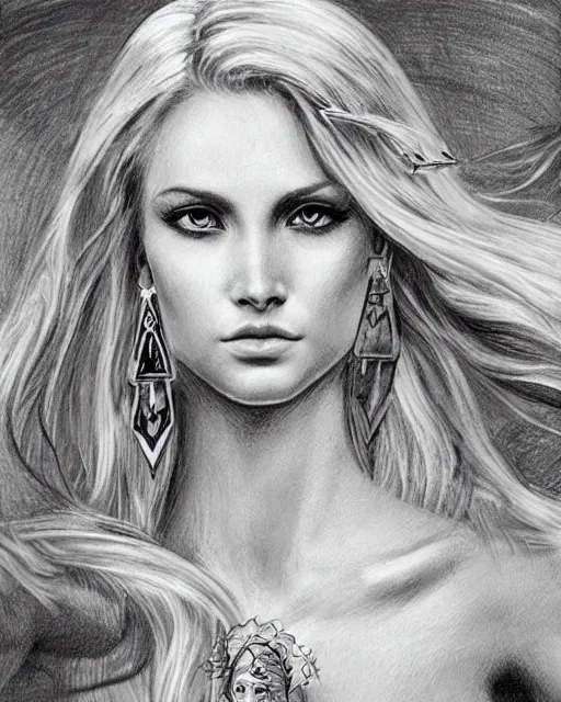 Image similar to tattoo sketch of beautiful greek goddess aphrodite with arrowhead earrings, beautiful piercing eyes, flowing blonde hair, realistic face, hyper realistic, in the style of greg rutkowski, fantasy, amazing detail, epic, intricate, elegant, smooth, sharp focus