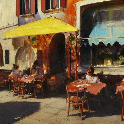 Image similar to italian restaurant in venice, sunny, shadows, richard schmid