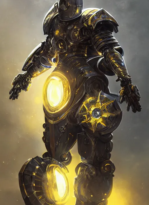 Image similar to dynamic abstract portrait of a intricate glorious holy mechanical warforged character in yellow armor holding a paladin engraved great longsword drawn and carrying a big paladin shield, beam glowing eye , face in focus, epic , trending on ArtStation, masterpiece, cinematic lighting, by Ross Tran and by Greg Rutkowski