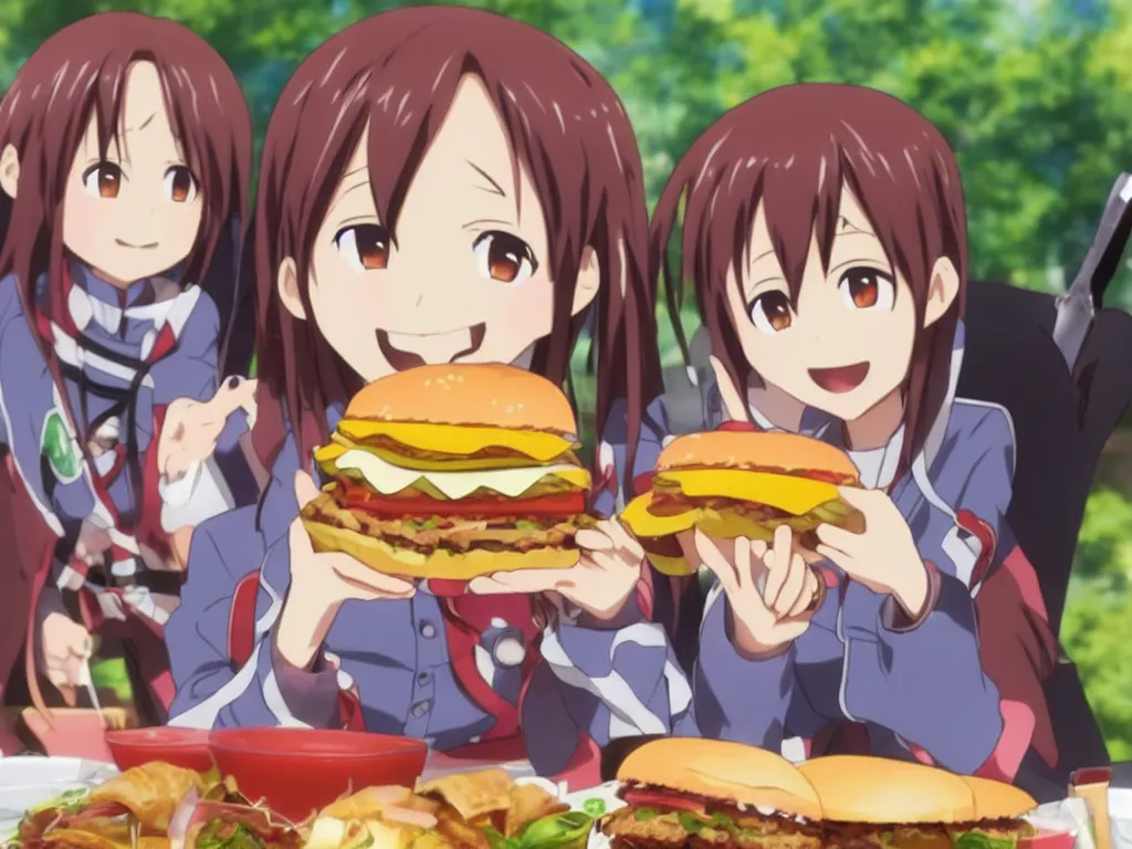 Image similar to yuuki konno from sword art online eating a big burger and being happy, High Definition detail, 8K, anime