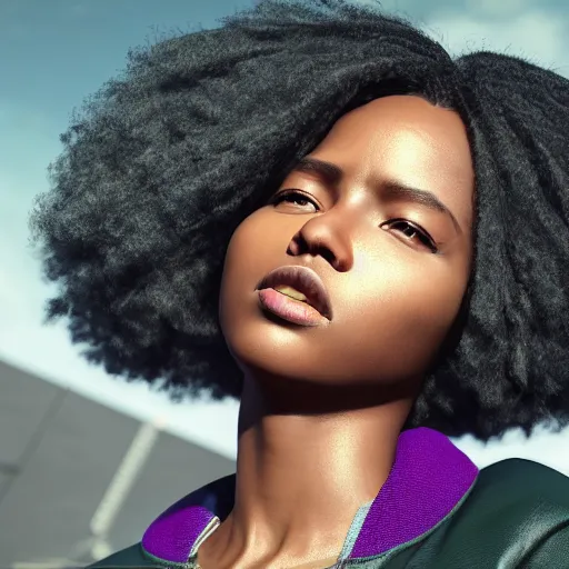 Image similar to black woman, hairstyle = short bob, hair colour = light grey, eyes = purple, wearing dark green bomber jacket, realistic 4 k octane beautifully detailed render, 4 k post - processing, highly detailed, intricate complexity, epic composition, magical atmosphere, cinematic lighting, masterpiece, ultra hd