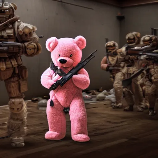 Image similar to cinematic photograph of an anthropomorphic teddy bear wearing pink combat armor and holding a rifle walking through a giant bedroom full of cute toys, 8k, highly detailed, highly intricate, depth of field, epic,