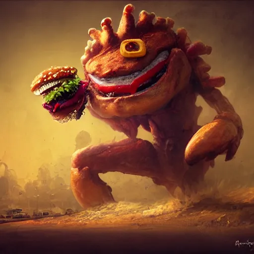 Image similar to fast food monster by jean - baptiste monge, high quality, high resolution, 4 k, painted by cgsociety, rutkowski, gurney with ambient lighting, concept art, detailed, smooth, dynamic volumetric cinematic lighting, octane, raytrace