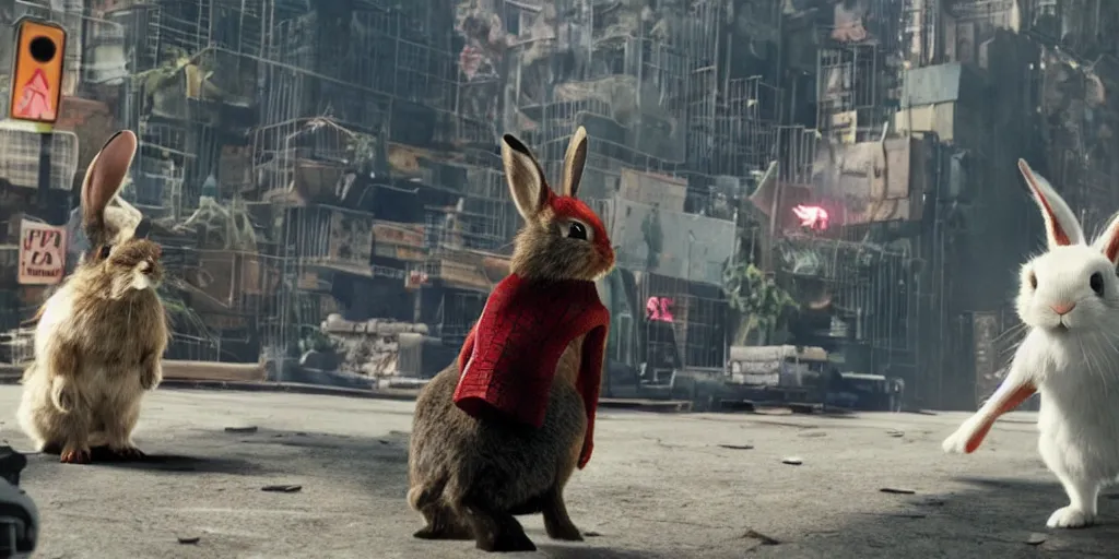 Image similar to a rabbit in the movie spiderman no way home, screenshot