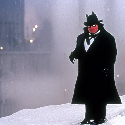 Image similar to Alex Jones as the Penguin Man in the movie Batman Returns 1992, still, high quality