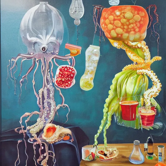 Prompt: portrait of a japanese grandma, marmalade, squashed berries dripping, octopus, scientific glassware, houseplant, oxygen tank, candlelight, neo - impressionist, surrealism, acrylic and spray paint and oilstick on canvas