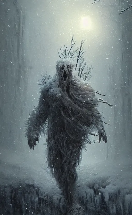 Image similar to portrait of a frozen monster creature, in a snowy field, fantasy, highly detailed, cinematic lighting, digital art painting by greg rutkowski