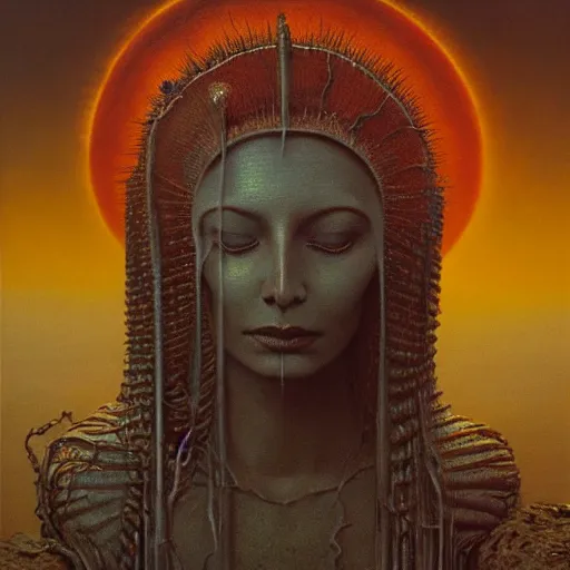 Image similar to The queen of the sun by Zdzislaw Beksinski, Jeffrey Smith and H.R. Giger, oil on canvas, 8k highly professionally detailed, trending on artstation