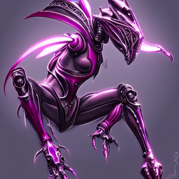 Image similar to highly detailed exquisite fanart, of a beautiful female warframe, but as an anthropomorphic robot dragon, shiny silver armor engraved, Fuchsia skin beneath the armor, elegant pose, close-up shot, streamline design, full body shot, epic cinematic shot, long elegant tail behind, sharp claws, robot dragon hands and feet, professional digital art, high end digital art, singular, realistic, DeviantArt, artstation, Furaffinity, 8k HD render