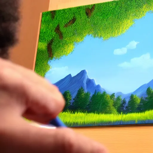 Prompt: a closeup photorealistic photograph of bob ross working on an image of kenny powers autographing a baseball, painting on a canvas. mountains and trees. film still. brightly lit scene. this 4 k hd image is trending on artstation, featured on behance, well - rendered, extra crisp, features intricate detail, epic composition and the style of unreal engine.