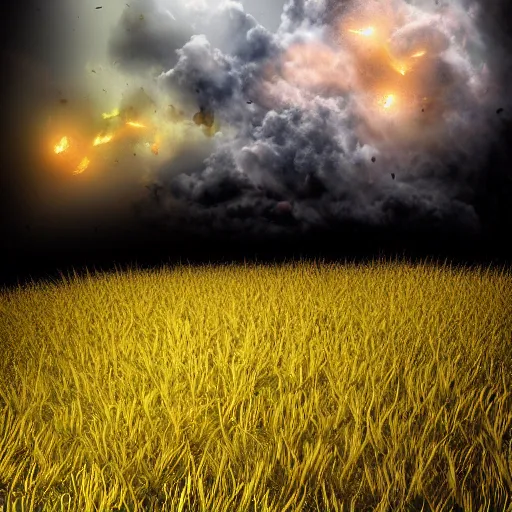 Image similar to A realistic detailed photo of a field, fire, fire particles, dead plants, cloudy sky, foggy landscape, light particles, detailed light, realistic shaders, trending on artisation, detailed textures, detailed, realistic.