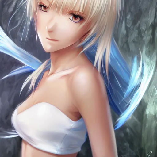 Image similar to picture : a beautiful young blond anime girl, sky blue eyes, bikini, white miniskirt, highly detailed, cinematic wallpaper by stanley artgerm lau