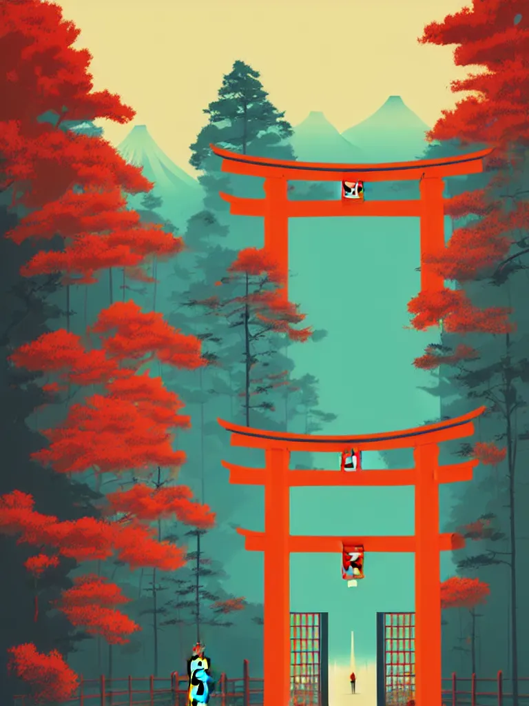 Prompt: a travel poster illustration depicting a japanese torii gate, vintage style, detailed illustration, digital painting, vector art, trending on artstration, by anton fadeev, by alena aenami