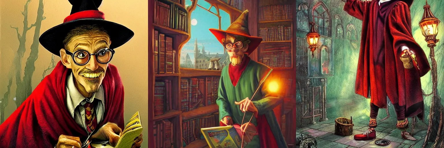 Prompt: Rincewind as a jumpy, cowardly professor in Hogwarts School of Witchcraft and Wizardry, detailed, hyperrealistic, colorful, cinematic lighting, digital art by Paul Kidby’