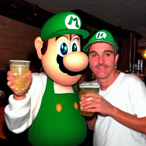 Image similar to luigi from super mario chugging a beer with the boys at the bar