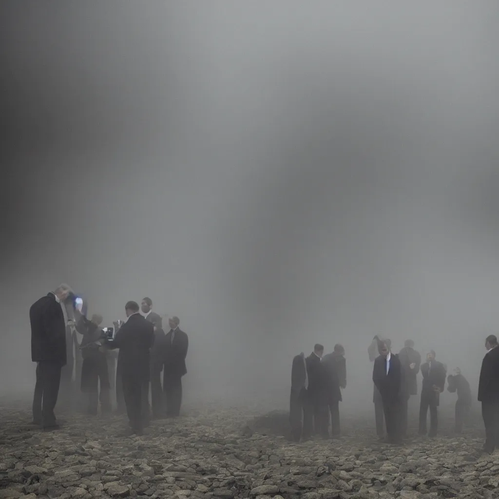 Prompt: In a foggy office,a group of men in gray suits look at stones, rocks,, peebles and dried plants purple smoke in the style of Michael Mann, hyper detailed, depth of field