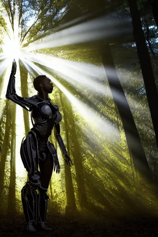 Prompt: hyperrealistic gorgeous black woman highly detailed exoskeleton bone armor in a forest sun behind her god rays concept art eric zener elson peter dramatic light low angle hd 8k sharp focus