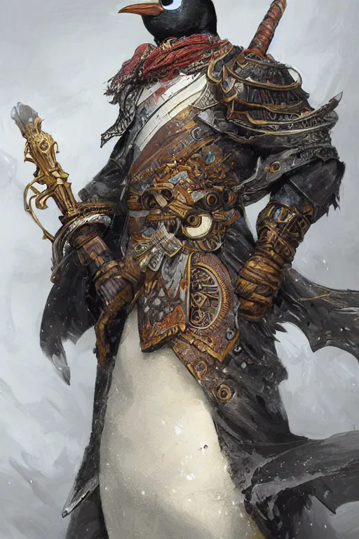 Prompt: a anthropomorphic penguin warrior, D&D, fantasy, intricate, highly detailed, digital painting, artstation, concept art, smooth, sharp focus, illustration, art by artgerm and greg rutkowski and alphonse mucha