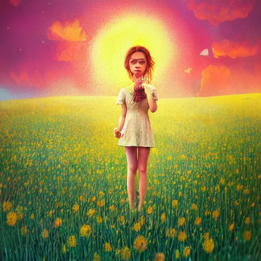 Image similar to girl with dandelion as a face, surreal photography, dream, standing in flower field, hills, big trees, sunrise dramatic light, impressionist painting, colorful clouds, digital painting, pointillism, artstation, simon stalenhag