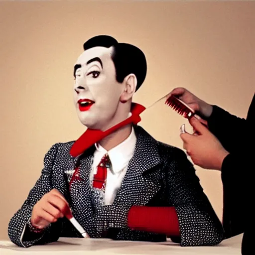 Image similar to pee wee herman putting on makeup