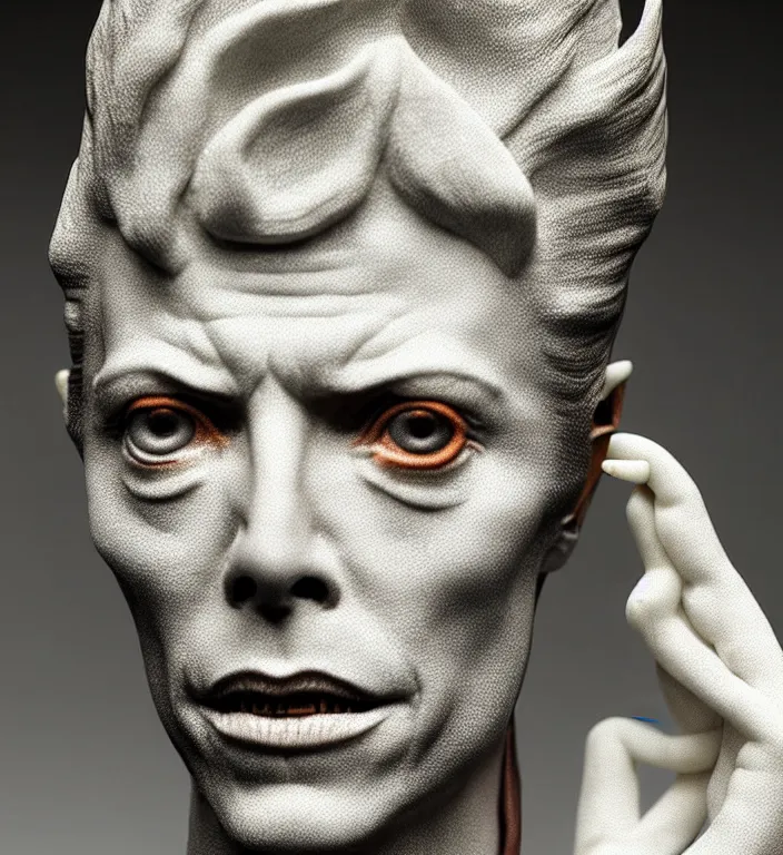 Image similar to David Bowie , A Close up photo-real delicate ceramic porcelain sculpture of a symmetrical ornate detailed in front of an intricate background by Victo Ngai and takato yamamoto, micro detail, backlit lighting, face in focus, subsurface scattering, translucent, thin porcelain, octane renderer, colorful, physically based rendering, japanese pottery, trending on cgsociety