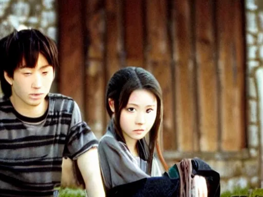 Prompt: full - color still from a 2 0 0 2 live - action tv drama adaptation of haibane renmei. cozy ; peaceful ; bucolic ; quaint.