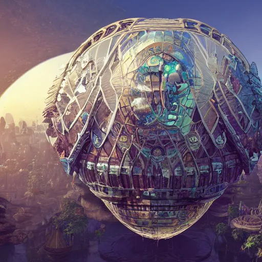 Image similar to enormous flying city in a faberge egg, sky, steampunk, fantasy art, masterpiece, unreal engine
