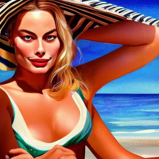 Image similar to a portrait of margot robbie holding a coctail on the beach, beautiful face, highly detailed, digital art