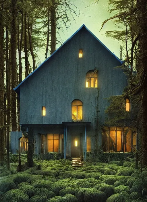 Image similar to hyper realistic witchy modern house with mood lighting and tech in the woods gorgeous lighting, blue sky, highly detailed, lush forest foliage painting by zdzisław beksinski and norman rockwell and greg rutkowski weta studio, and lucasfilm