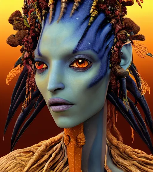 Prompt: an epic fantasy comic book style portrait painting of a very beautiful industrial goth pharaoh dryad nafi thiam as neytiri na'vi from avatar, character design by mark ryden and pixar and hayao miyazaki, unreal 5, daz, hyperrealistic, octane render, cosplay, rpg portrait, dynamic lighting, intricate detail, harvest fall vibrancy, cinematic