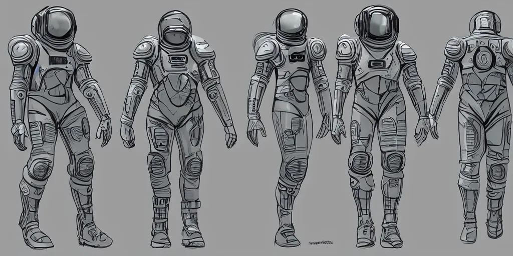 Image similar to male, fully body, science fiction space suit with a helmet, large shoulders, short torso, long thin legs, tiny feet, character sheet, funko, digital sketch, hyperdetailed, dieselpunk, stylized character design, concept design