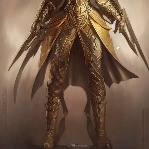 Prompt: beautiful character design of an aasimar wearing leather armor, light skin, golden eyes, d&d, full body, warm lighting, symmetrical face, subtle vibrancy, pathfinder, by christophe young, charlie bowater