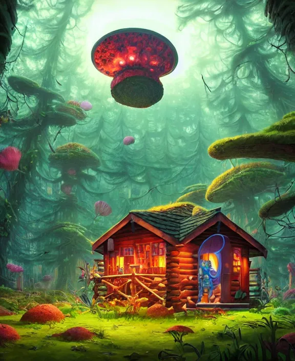 Image similar to a whimsical cabin made from robots, overgrown with huge exotic fungus, deep in the woods, cheerful, sunrise, by dan mumford, yusuke murata, makoto shinkai, ross tran, underwater, hellish, cinematic, unreal engine, cel shaded, featured on artstation, pixiv