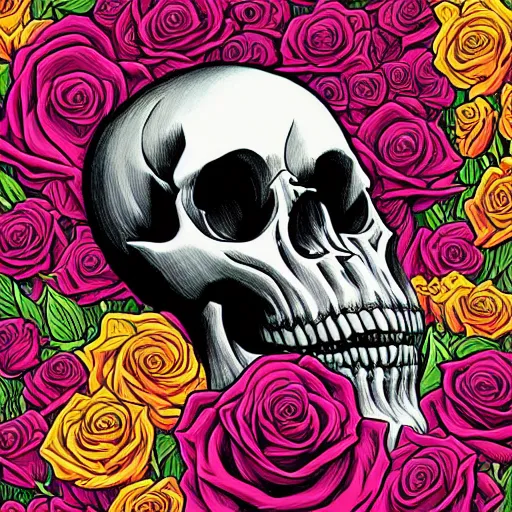 Image similar to ortographic view of a large skull and vivid roses by Jen Bartel and Dan Mumford and Satoshi Kon, gouache illustration